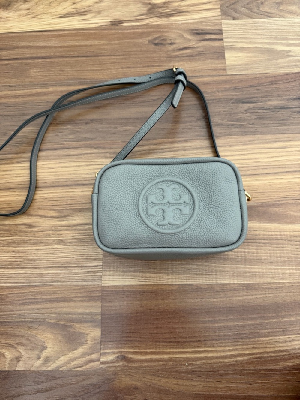 Tory Burch Grey Pebbled Leather Logo Crossbody